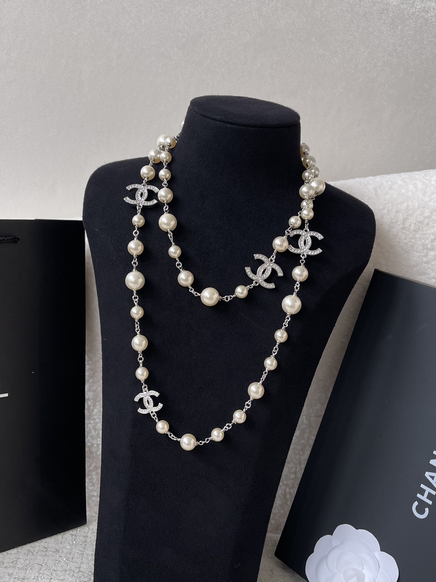 Luxury Pearl Long Necklace with Crystal Double C Logo Charms