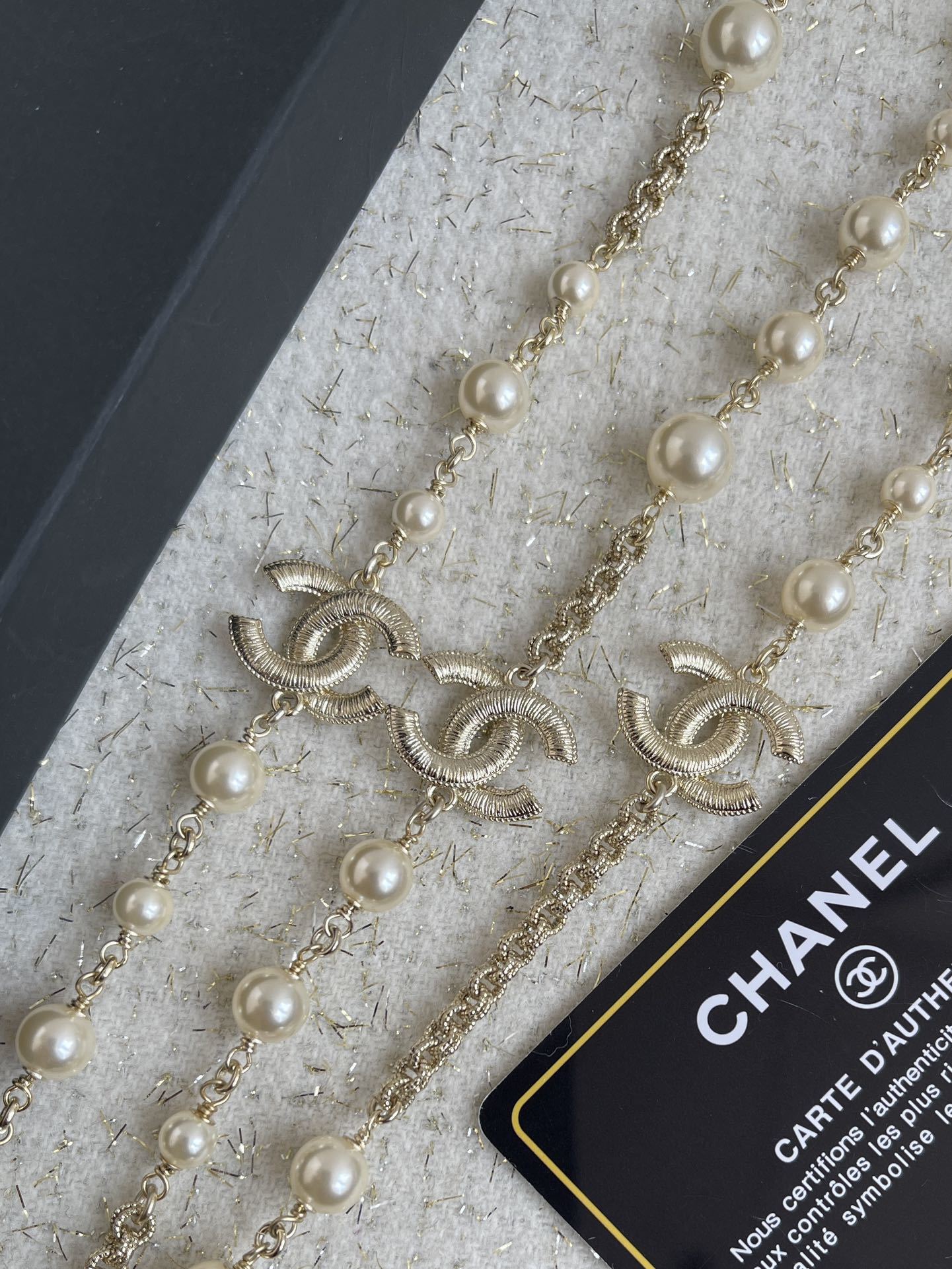 Luxury Long Pearl Necklace with Crystal CC Logo Accents - Elegant