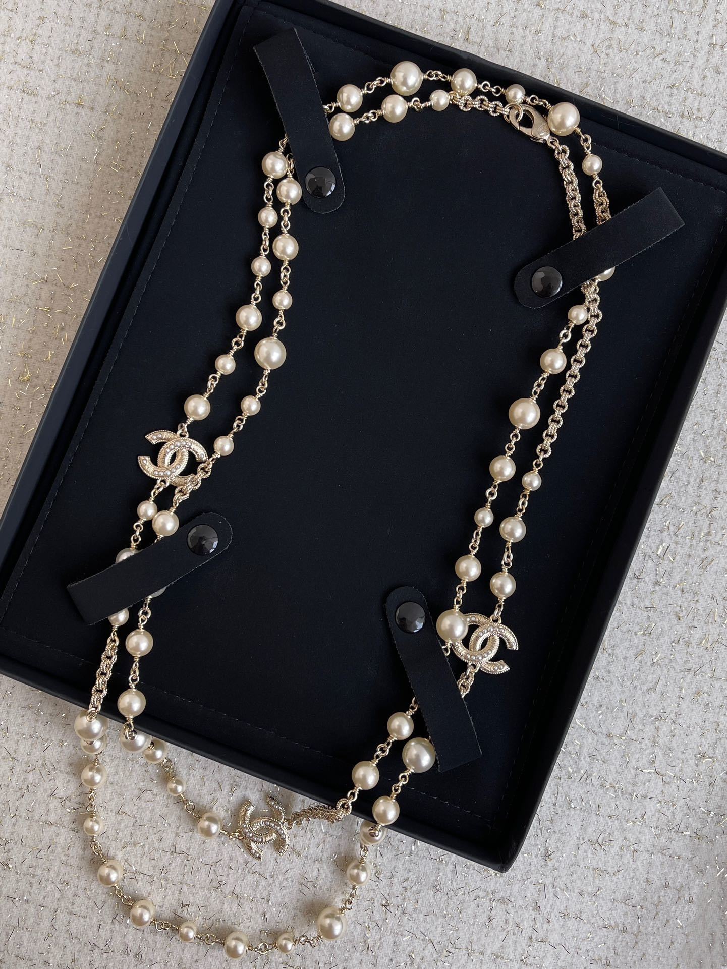 Luxury Long Pearl Necklace with Crystal CC Logo Accents - Elegant
