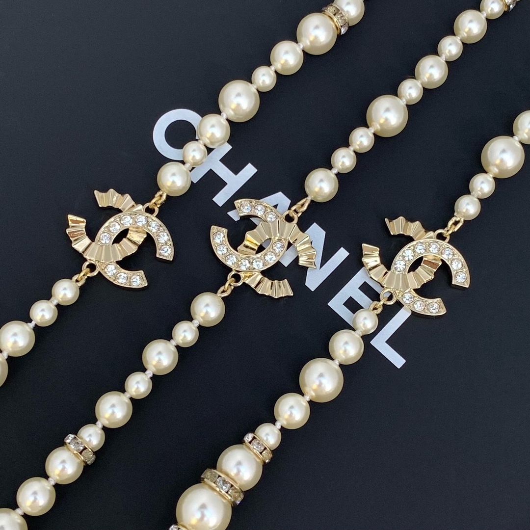 Luxury Multi-Layer Long Pearl Necklace with Crystal CC Charms