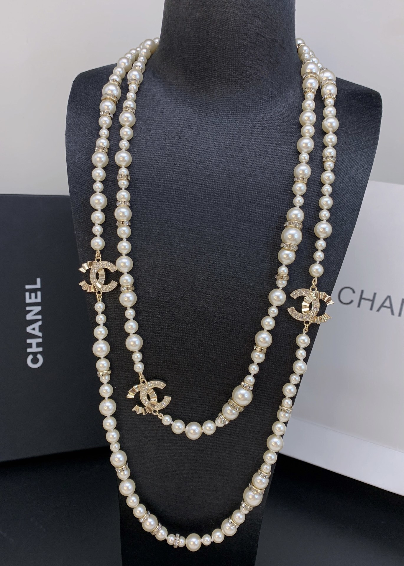 Luxury Multi-Layer Long Pearl Necklace with Crystal CC Charms