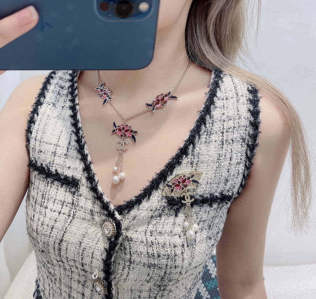 Chanel Fan Brooch Red Floral Enamel with Pearl Tassels & CC Logo