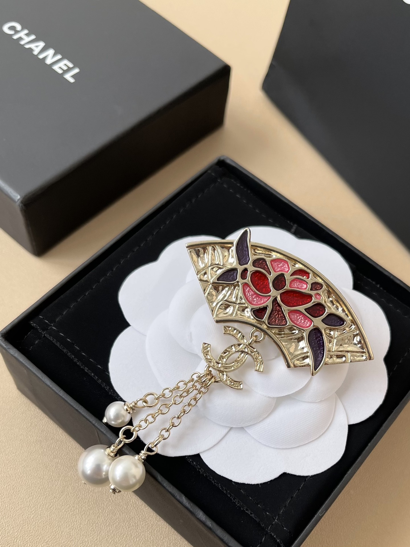 Chanel Fan Brooch Red Floral Enamel with Pearl Tassels & CC Logo