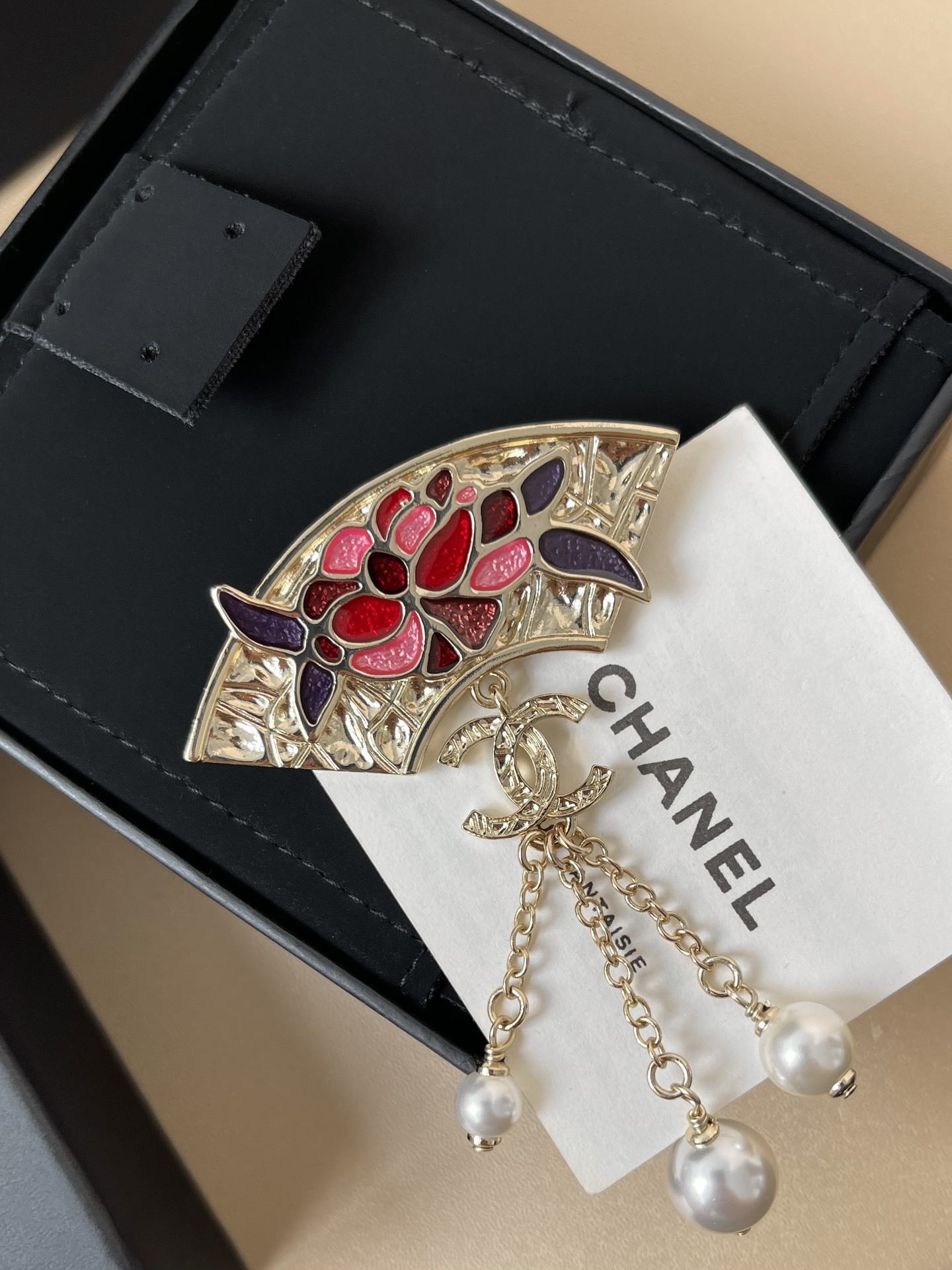 Chanel Fan Brooch Red Floral Enamel with Pearl Tassels & CC Logo