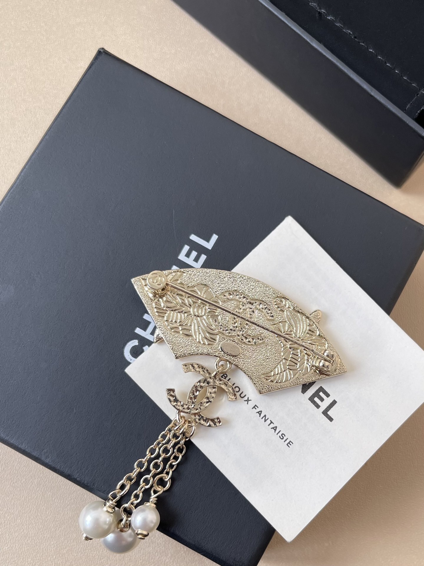 Chanel Fan Brooch Red Floral Enamel with Pearl Tassels & CC Logo