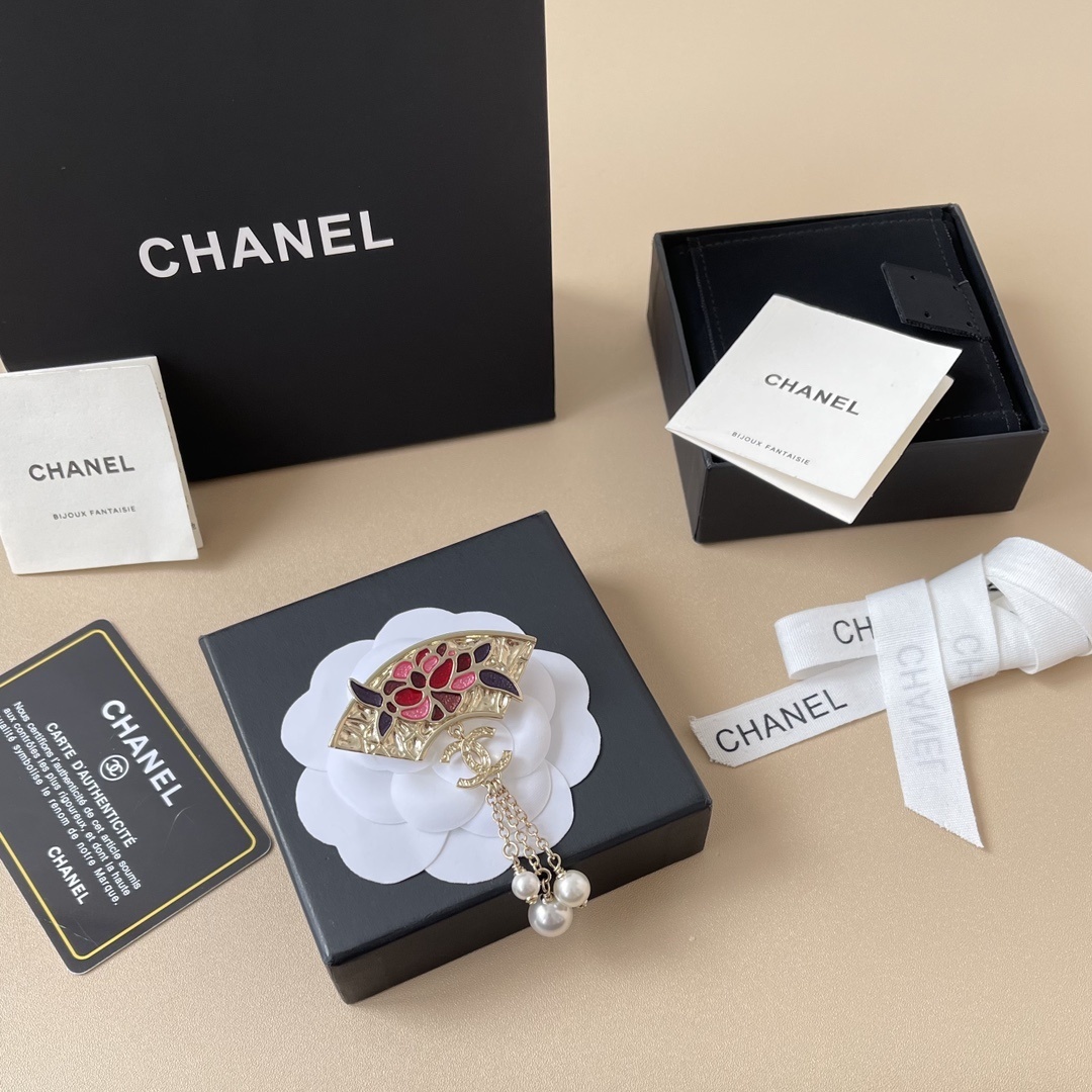 Chanel Fan Brooch Red Floral Enamel with Pearl Tassels & CC Logo