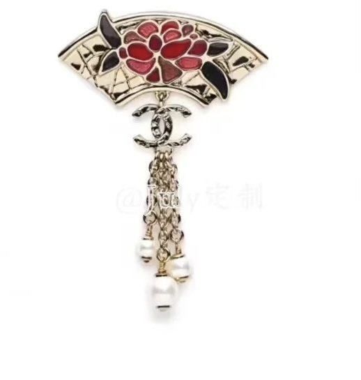 Chanel Fan Brooch Red Floral Enamel with Pearl Tassels & CC Logo