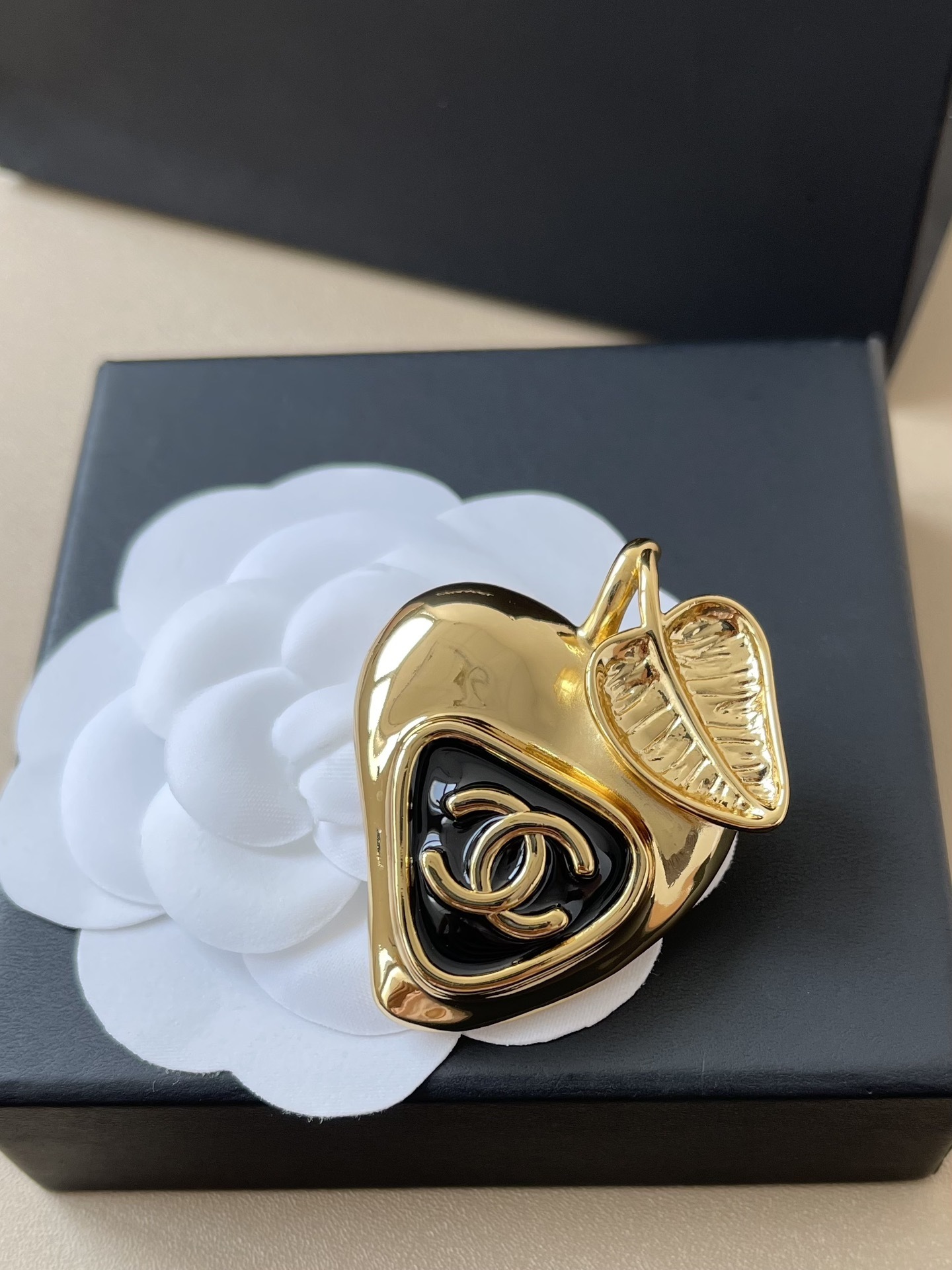 Chanel Gold-Tone Heart Apple Brooch Pin with Black Enamel CC Logo