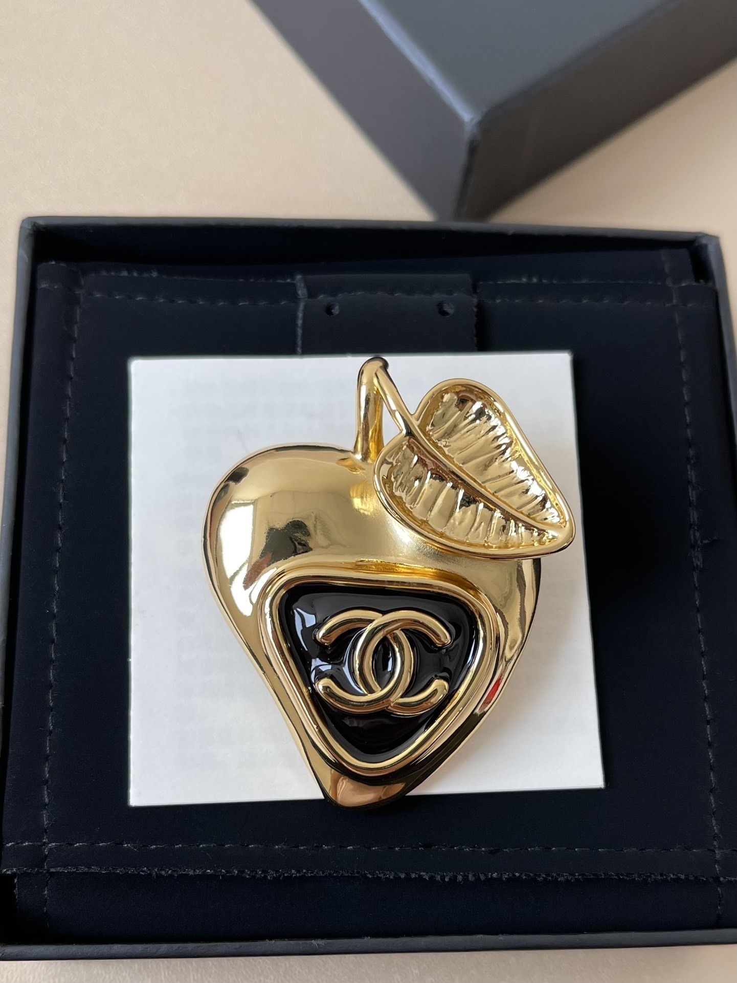 Chanel Gold-Tone Heart Apple Brooch Pin with Black Enamel CC Logo