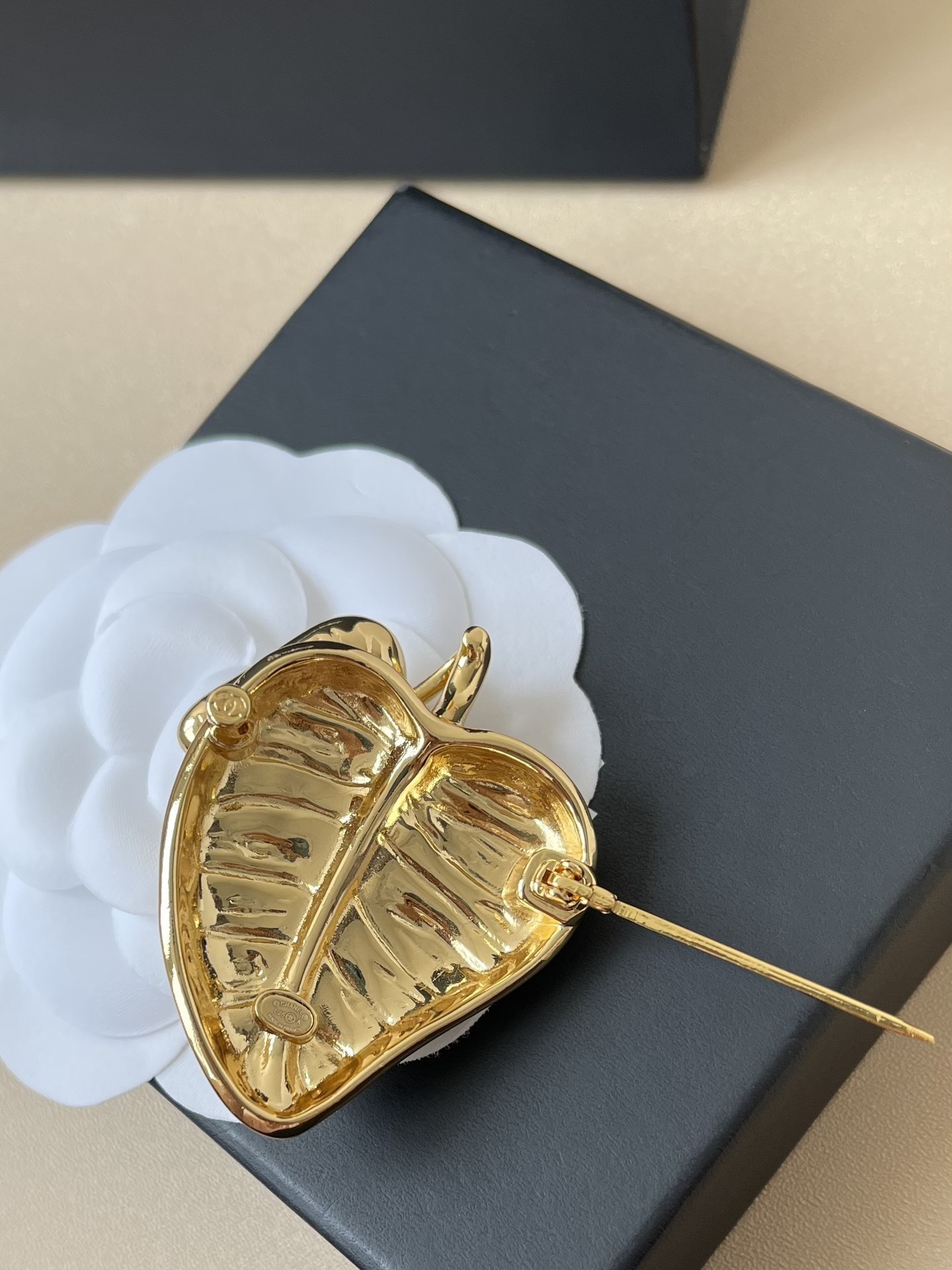 Chanel Gold-Tone Heart Apple Brooch Pin with Black Enamel CC Logo