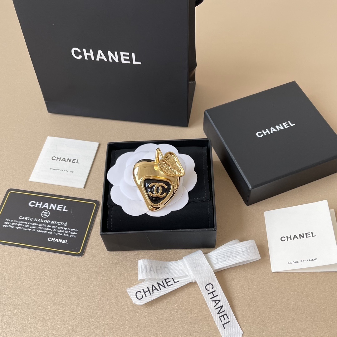 Chanel Gold-Tone Heart Apple Brooch Pin with Black Enamel CC Logo