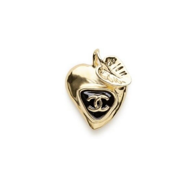 Chanel Gold-Tone Heart Apple Brooch Pin with Black Enamel CC Logo