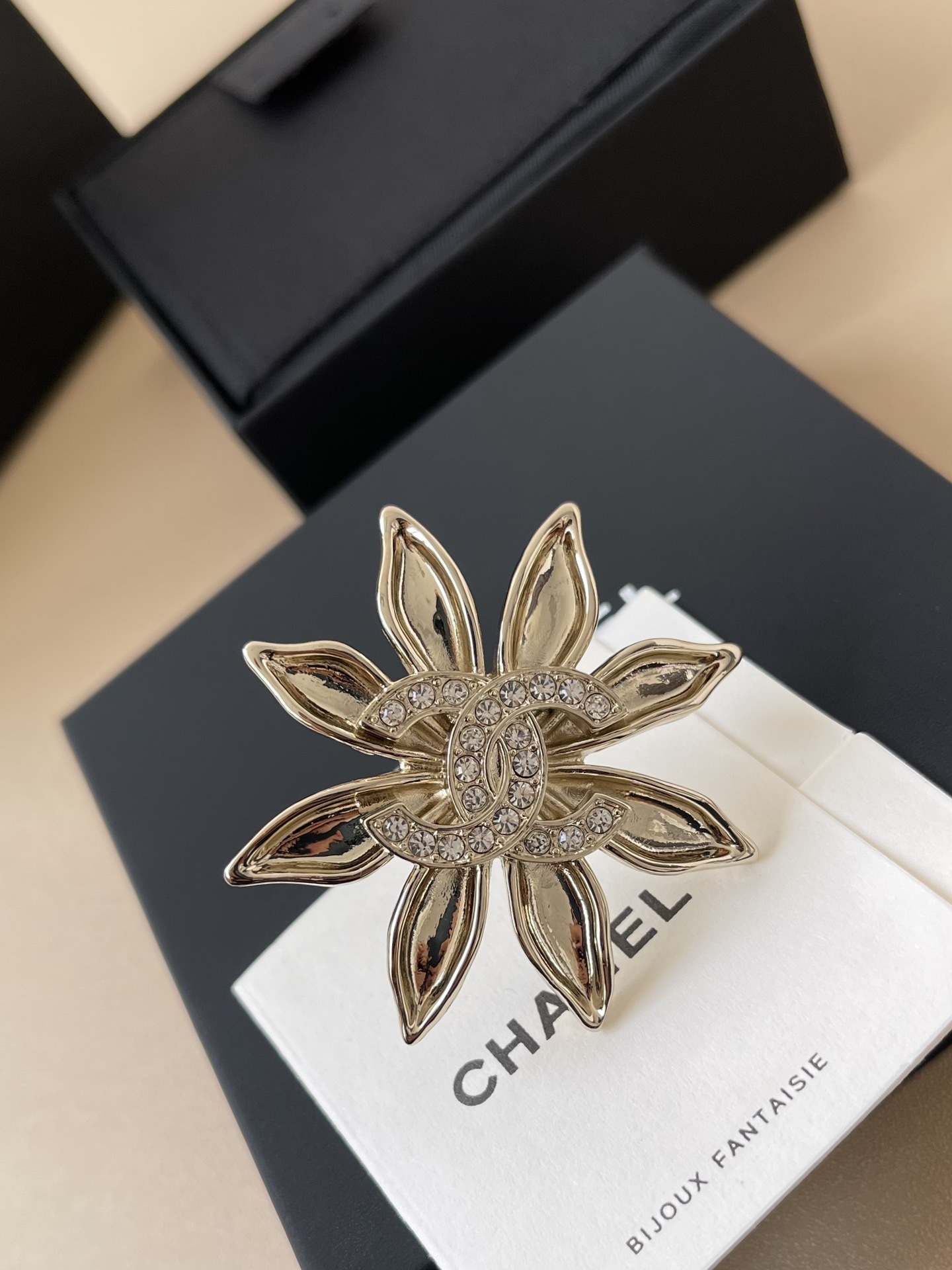 Chanel Crystal Flower Brooch - Luxury Gold Sunburst CC Pin