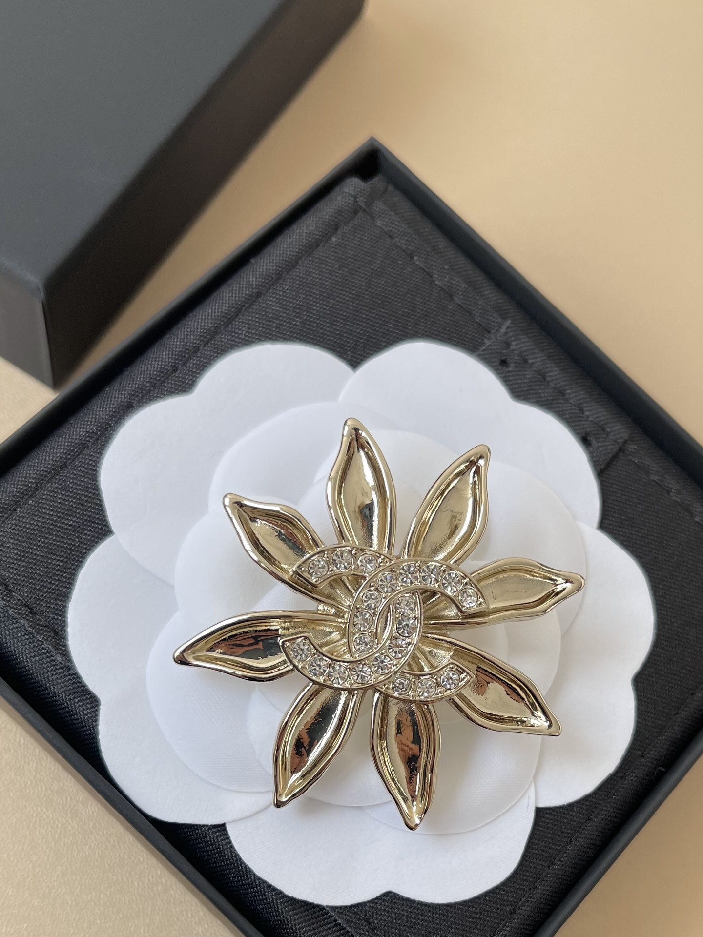 Chanel Crystal Flower Brooch - Luxury Gold Sunburst CC Pin