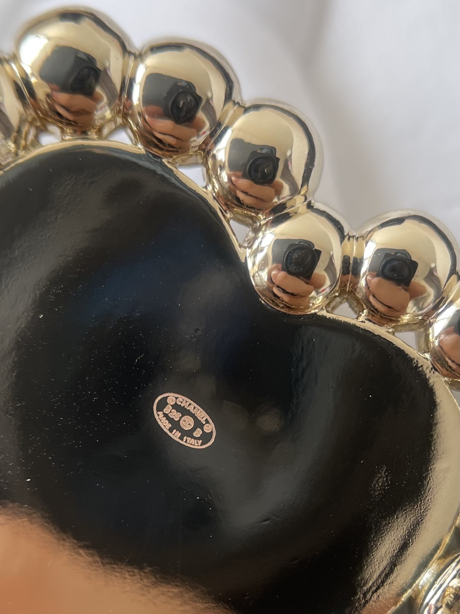 Luxury CC Heart Brooch with Black Enamel and Pearl Border