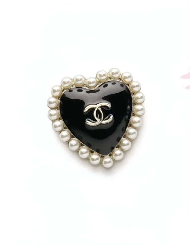 Luxury CC Heart Brooch with Black Enamel and Pearl Border