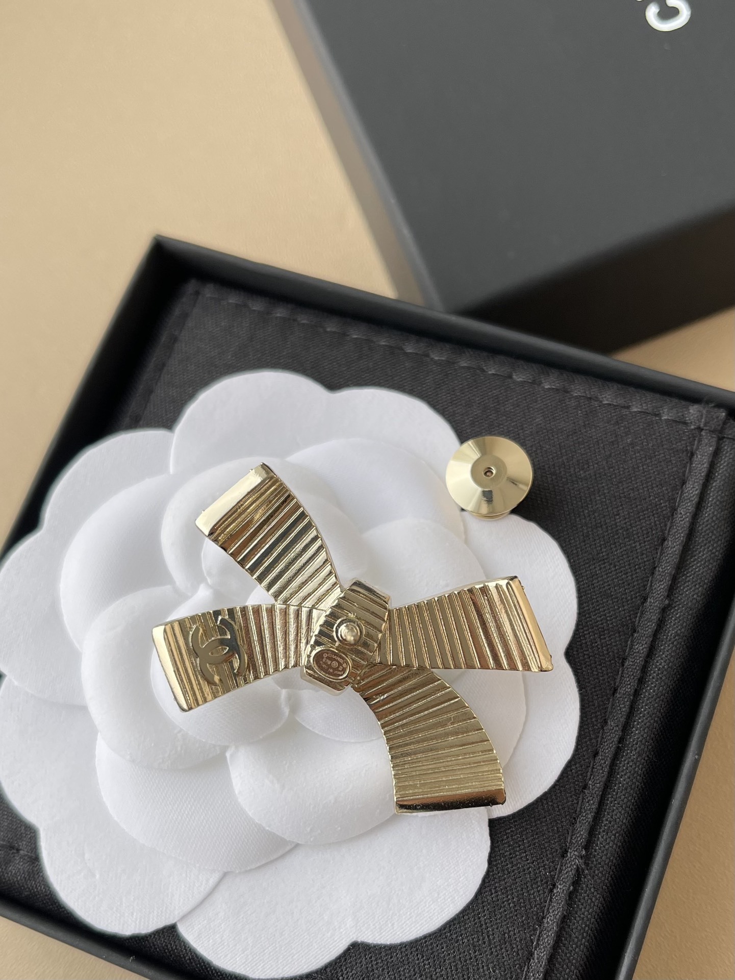 Chanel Bow Brooch Metal Resin & Strass Black Gold Crystal CC Logo