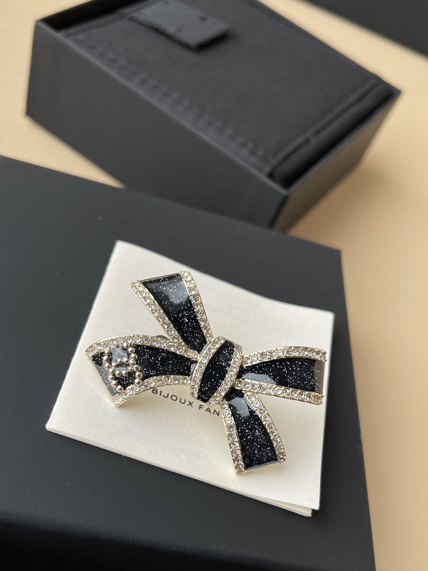 Chanel Bow Brooch Metal Resin & Strass Black Gold Crystal CC Logo