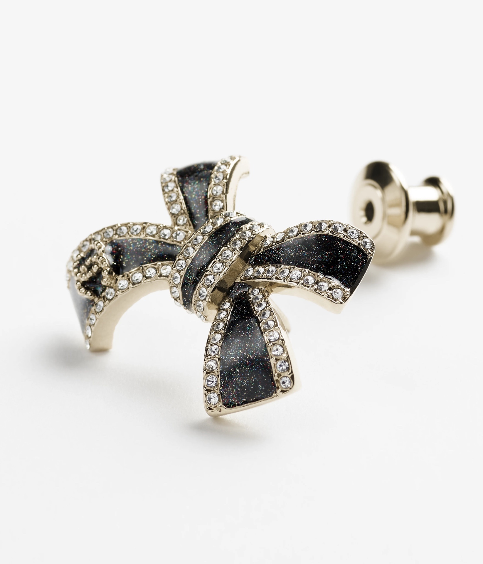 Chanel Bow Brooch Metal Resin & Strass Black Gold Crystal CC Logo