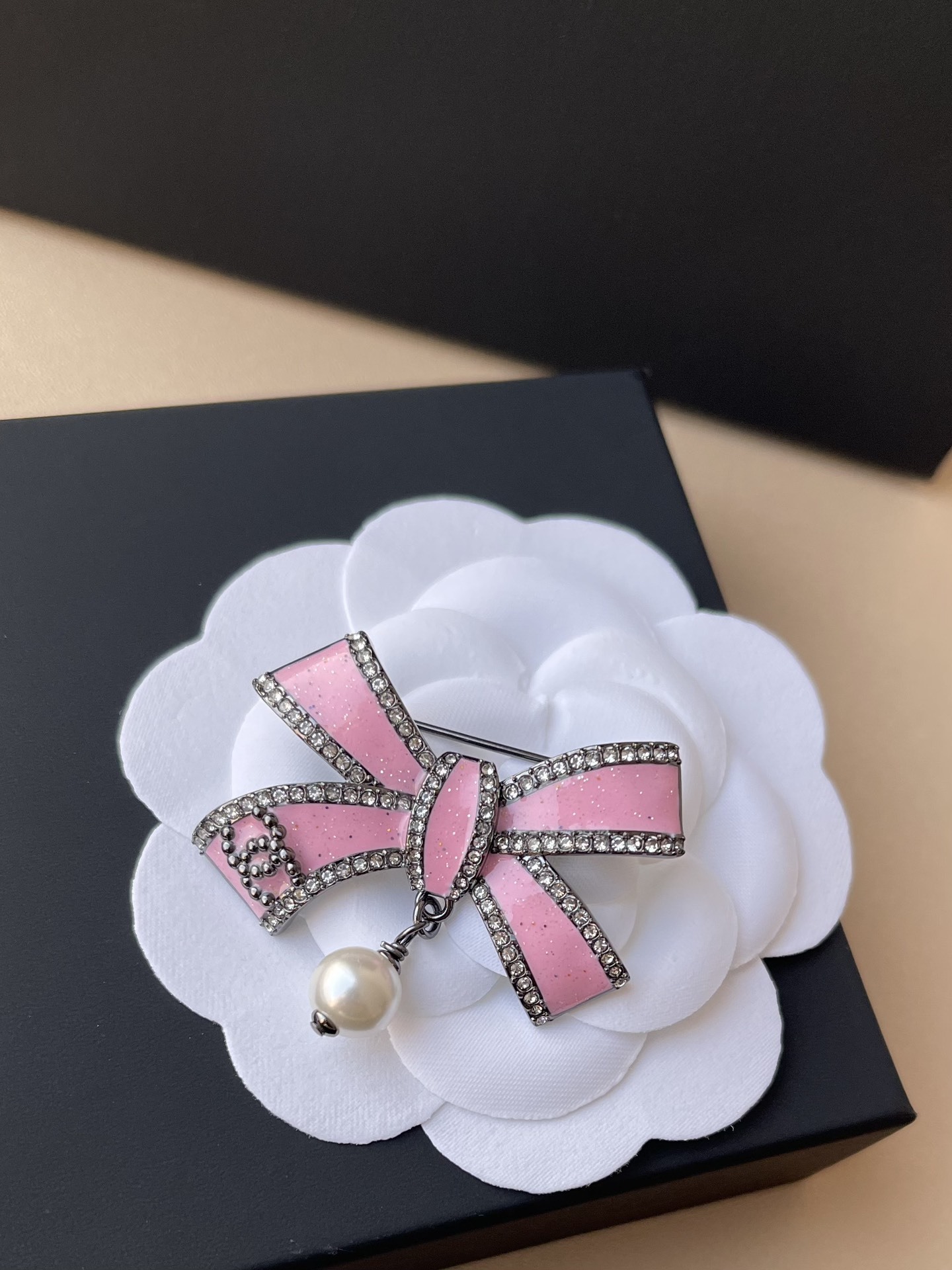 Luxury Chanel Pink Bow Brooch with Pearl Drop & Crystal Accents