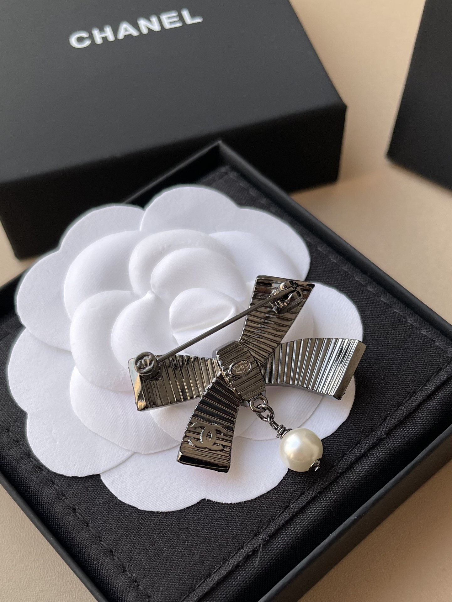 Luxury Chanel Pink Bow Brooch with Pearl Drop & Crystal Accents