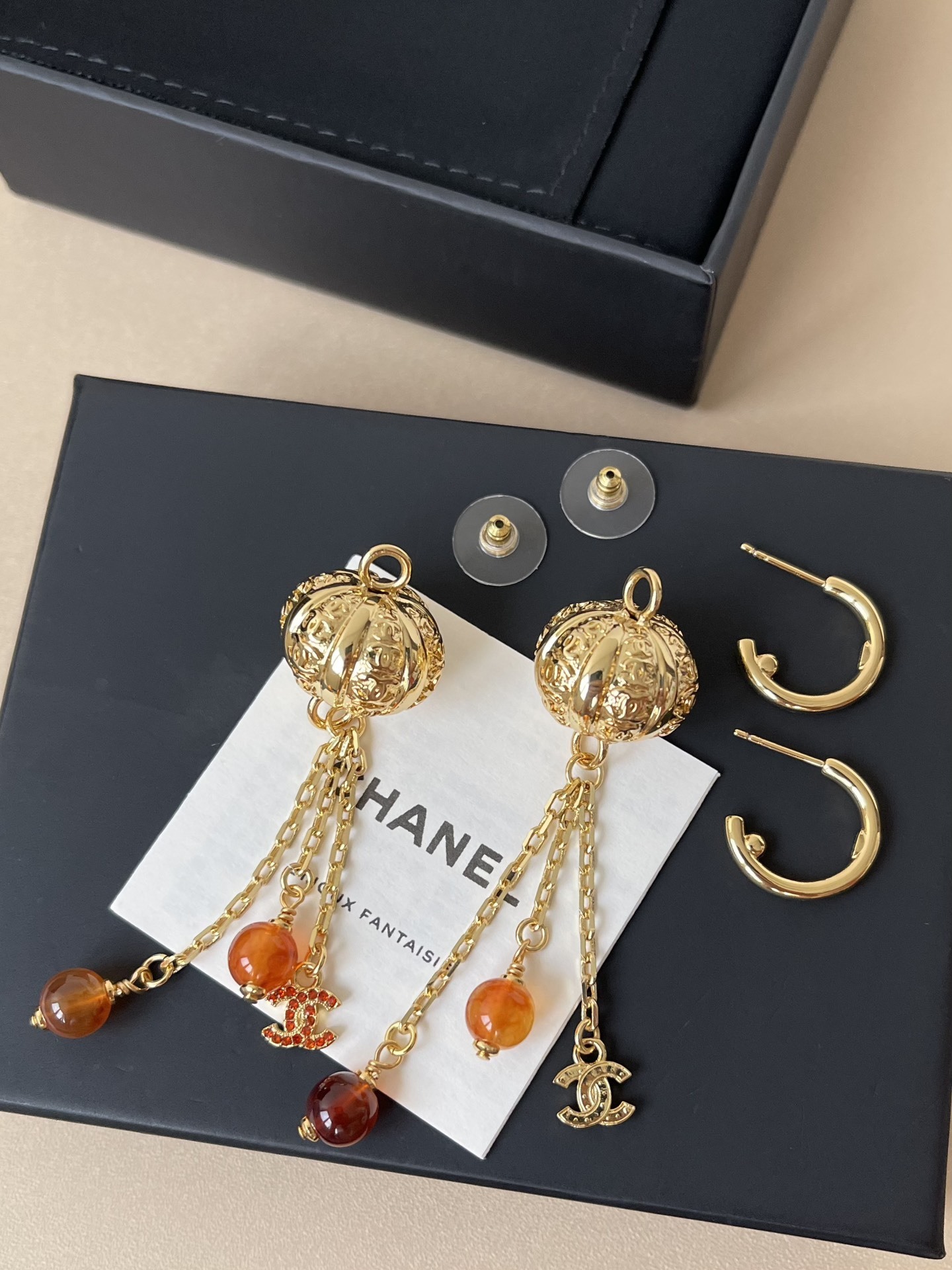 Chanel Vintage Gold Dangle Earrings with Red Beads & CC Logo