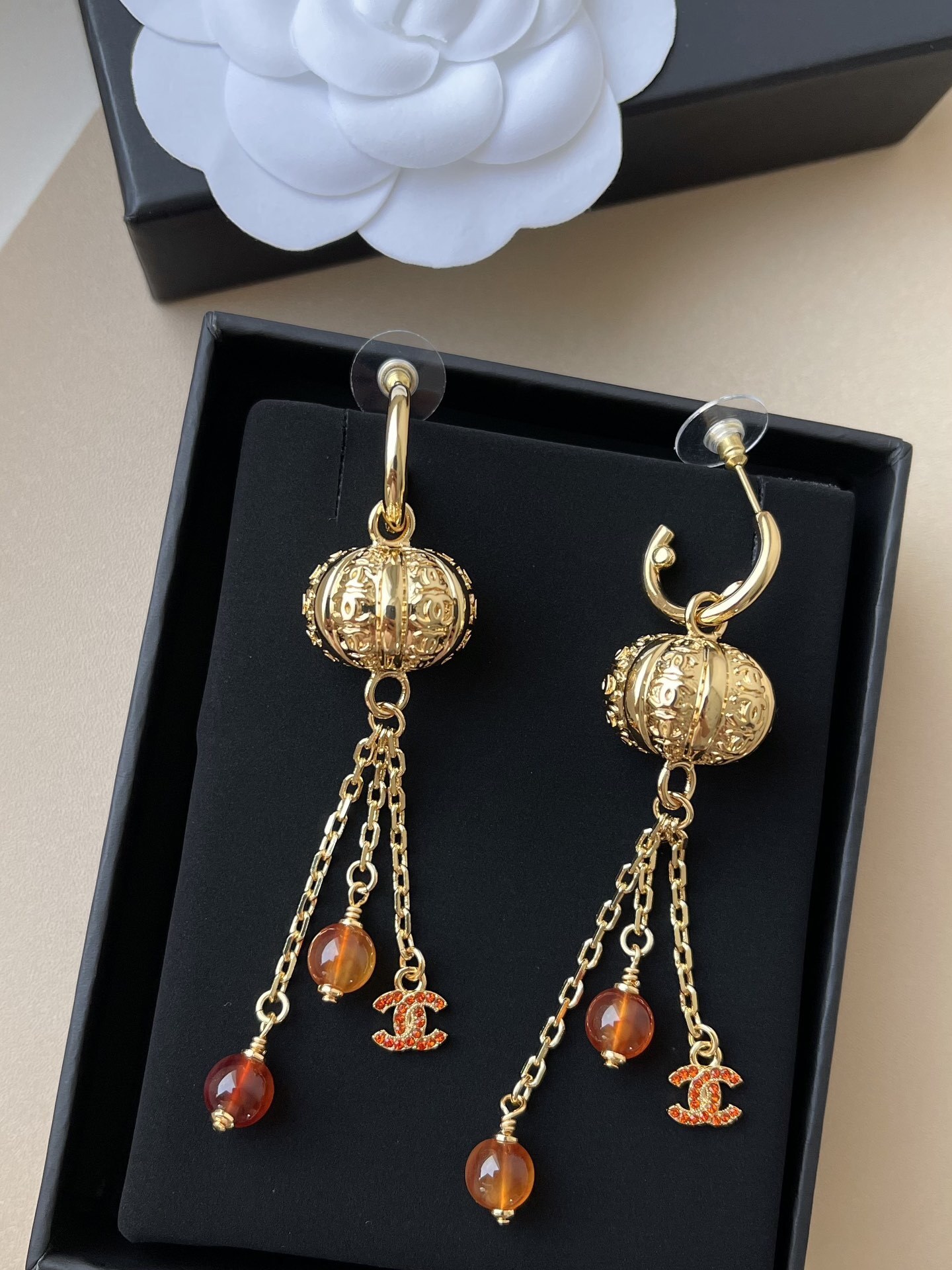 Chanel Vintage Gold Dangle Earrings with Red Beads & CC Logo