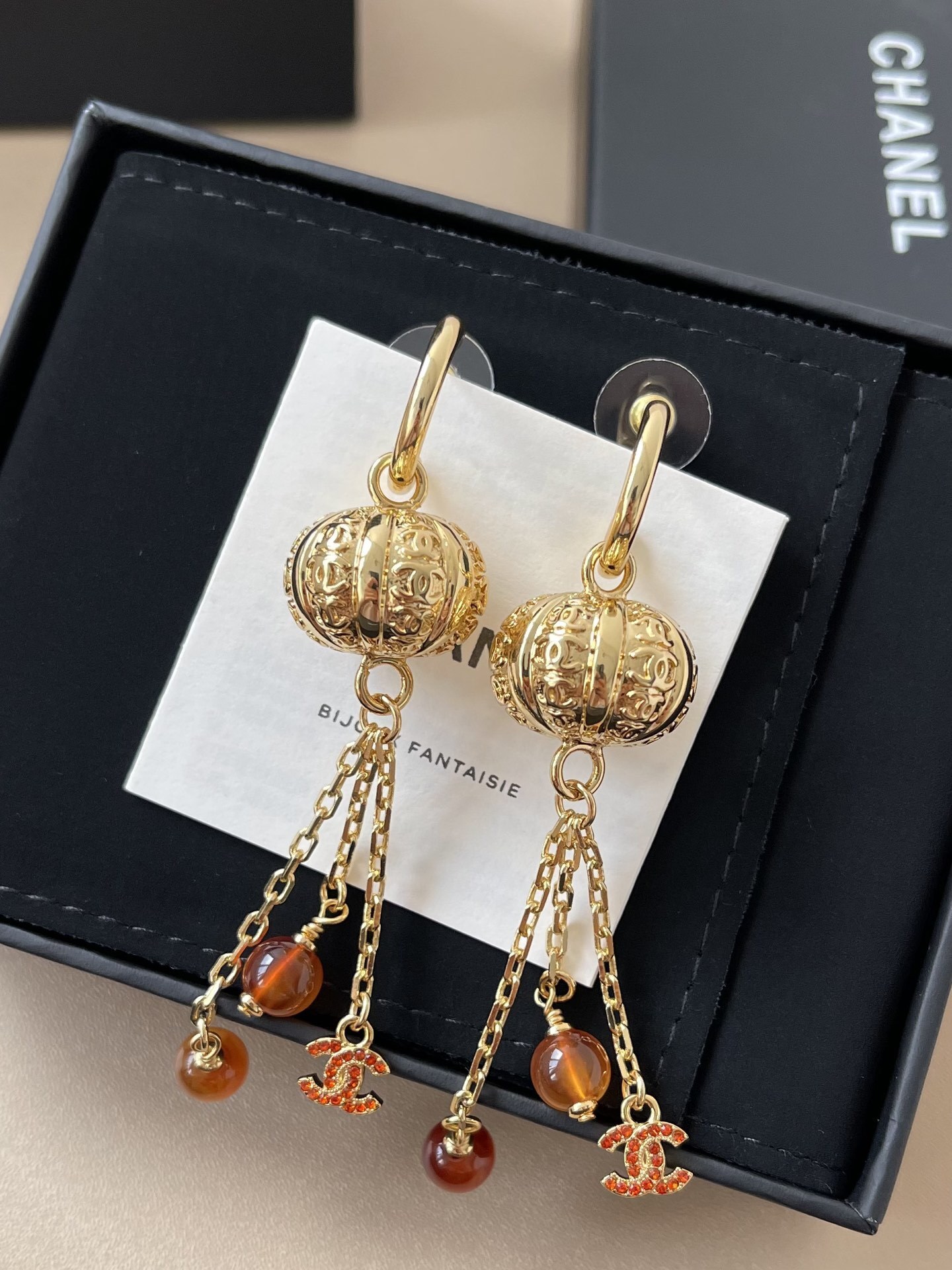 Chanel Vintage Gold Dangle Earrings with Red Beads & CC Logo