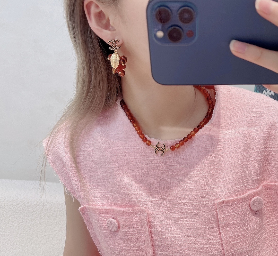 Luxury CC Logo Grape Dangle Earrings with Amber Beads & Rhinestones