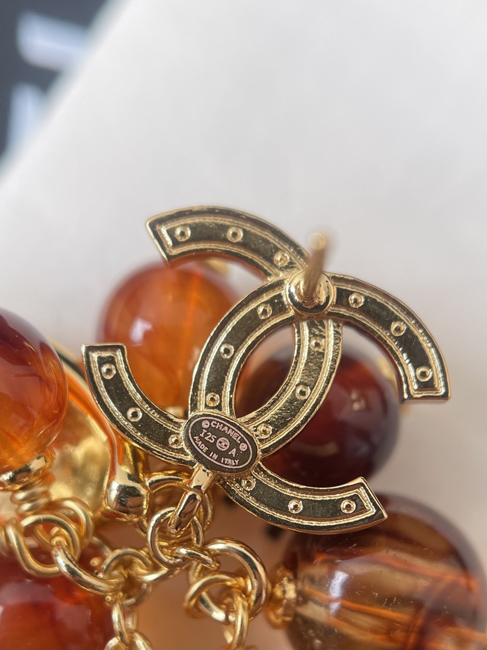 Luxury CC Logo Grape Dangle Earrings with Amber Beads & Rhinestones