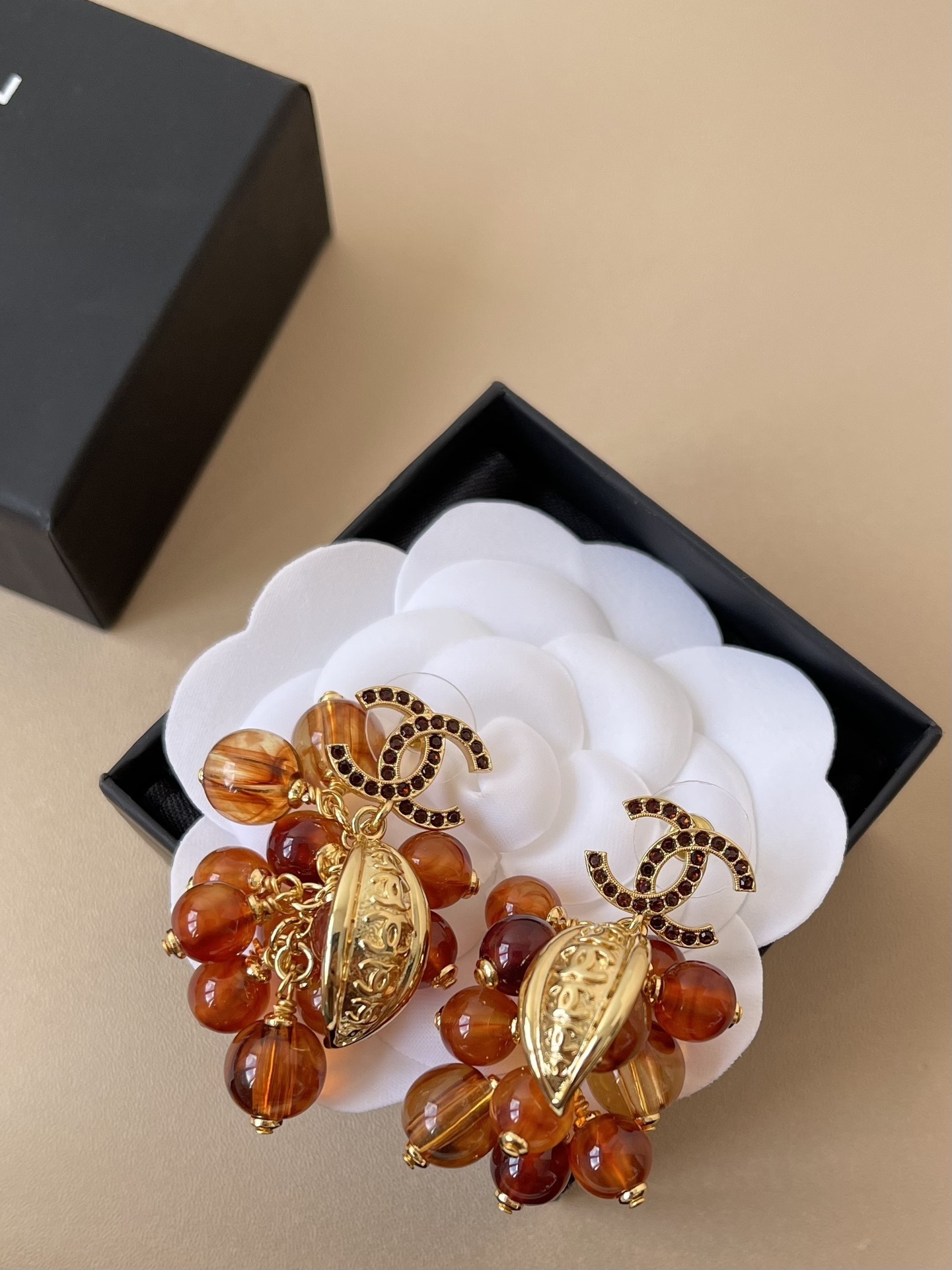 Luxury CC Logo Grape Dangle Earrings with Amber Beads & Rhinestones