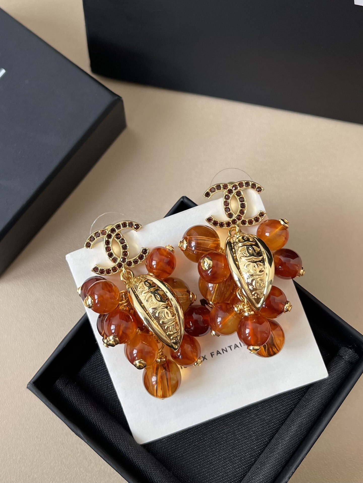 Luxury CC Logo Grape Dangle Earrings with Amber Beads & Rhinestones