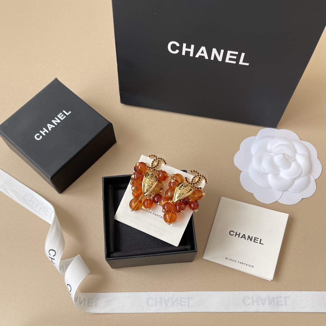 Luxury CC Logo Grape Dangle Earrings with Amber Beads & Rhinestones