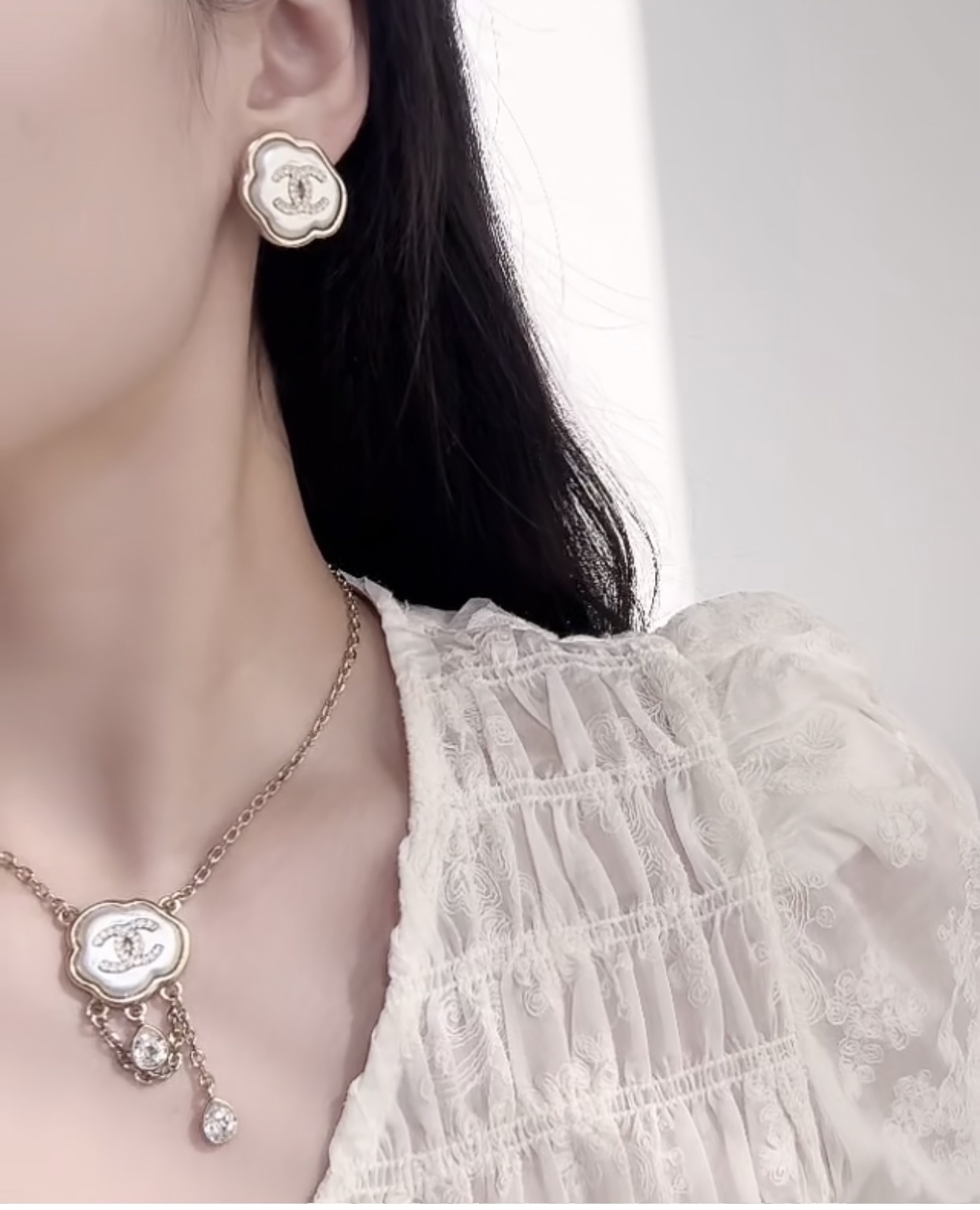 Luxury Gold Enamel Flower Stud Earrings with Crystal CC Logo