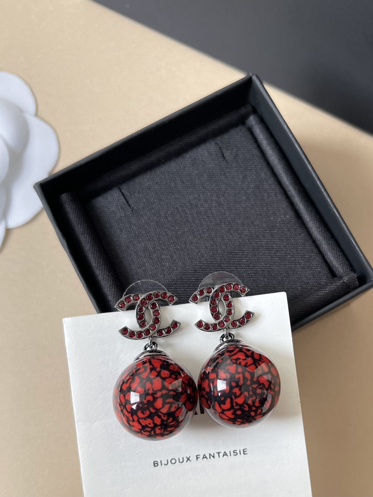 Chanel CC Logo Red Rhinestone Marbled Ball Drop Earrings 2024/25
