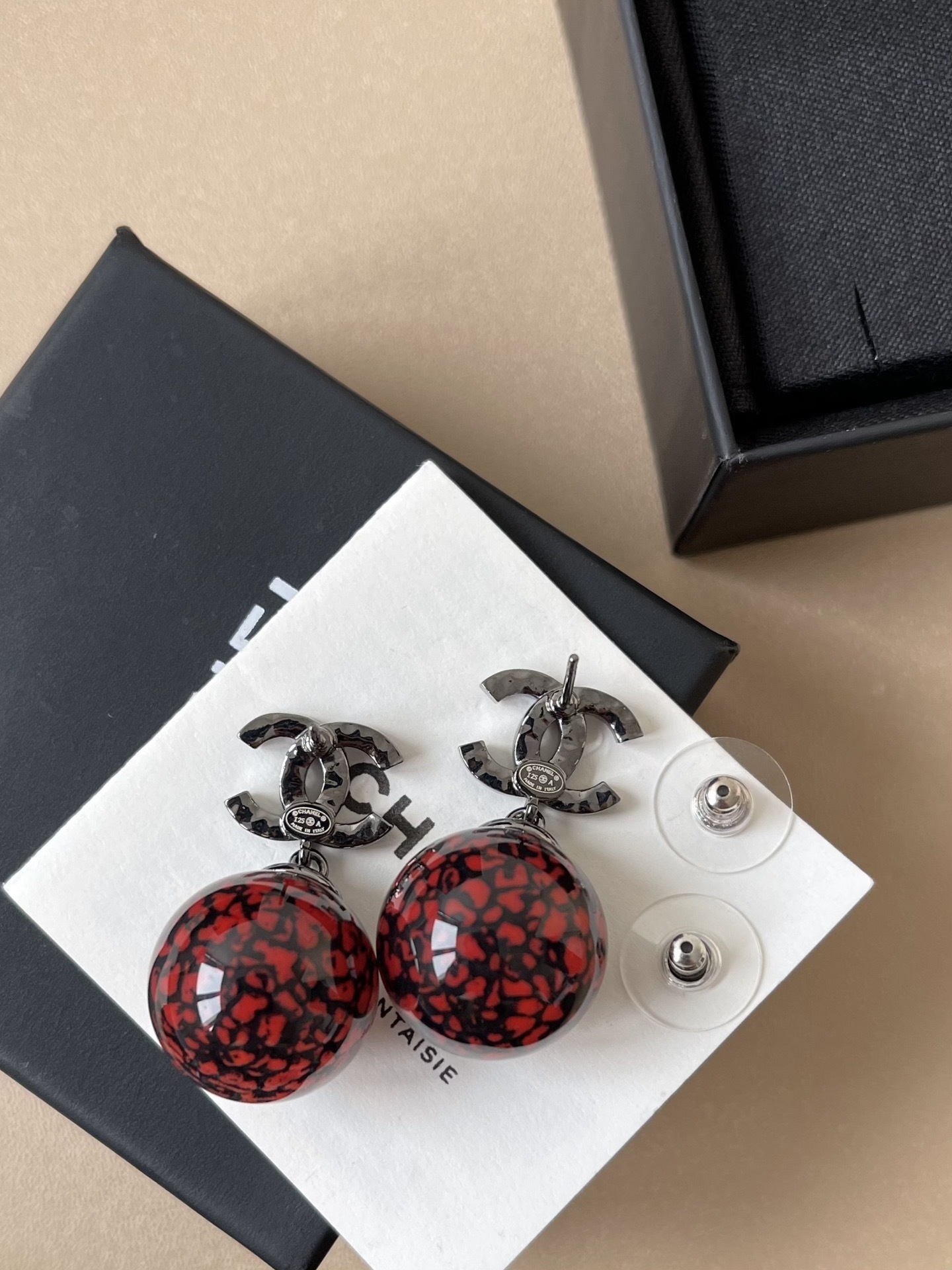 Chanel CC Logo Red Rhinestone Marbled Ball Drop Earrings 2024/25