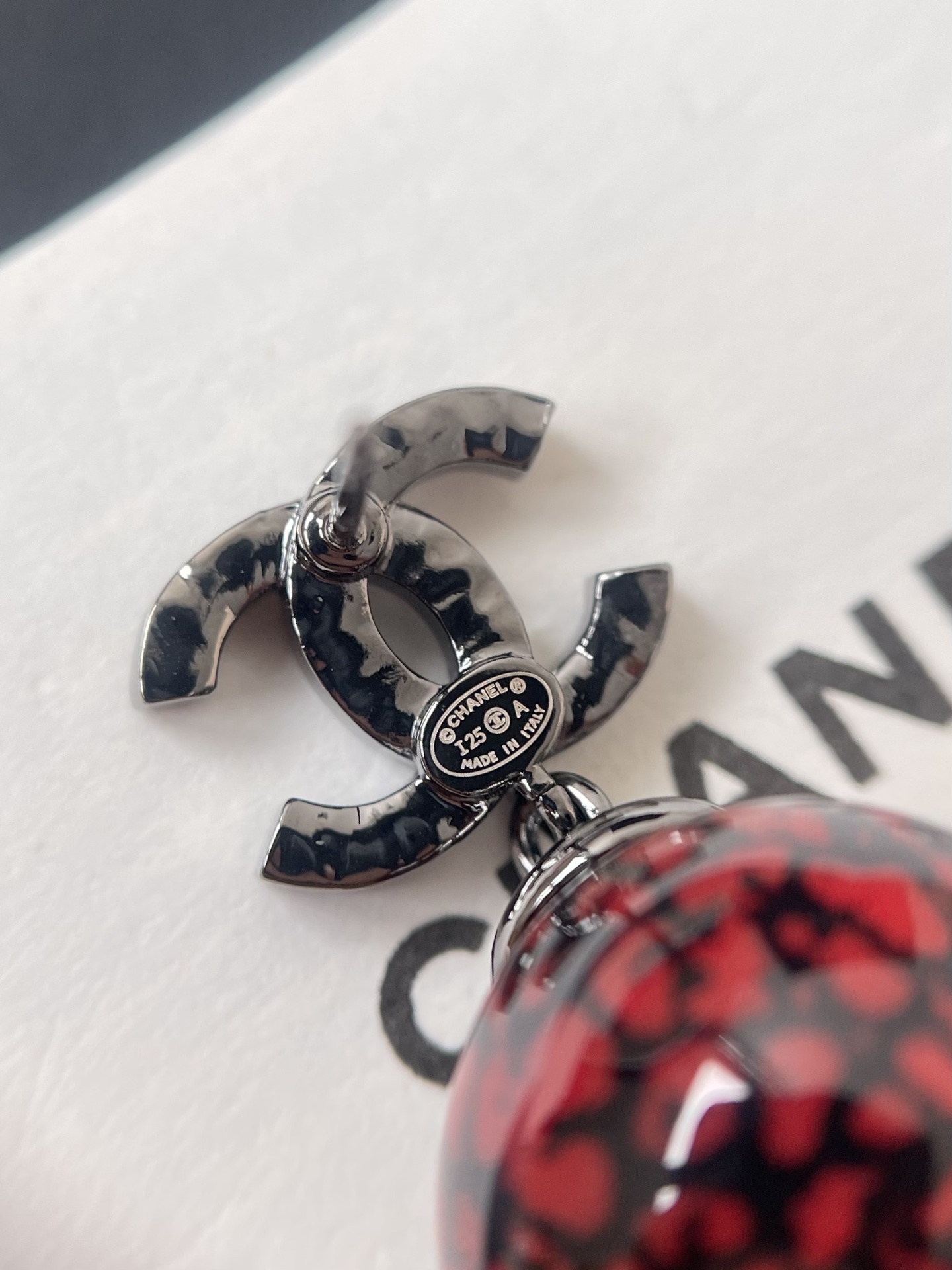 Chanel CC Logo Red Rhinestone Marbled Ball Drop Earrings 2024/25