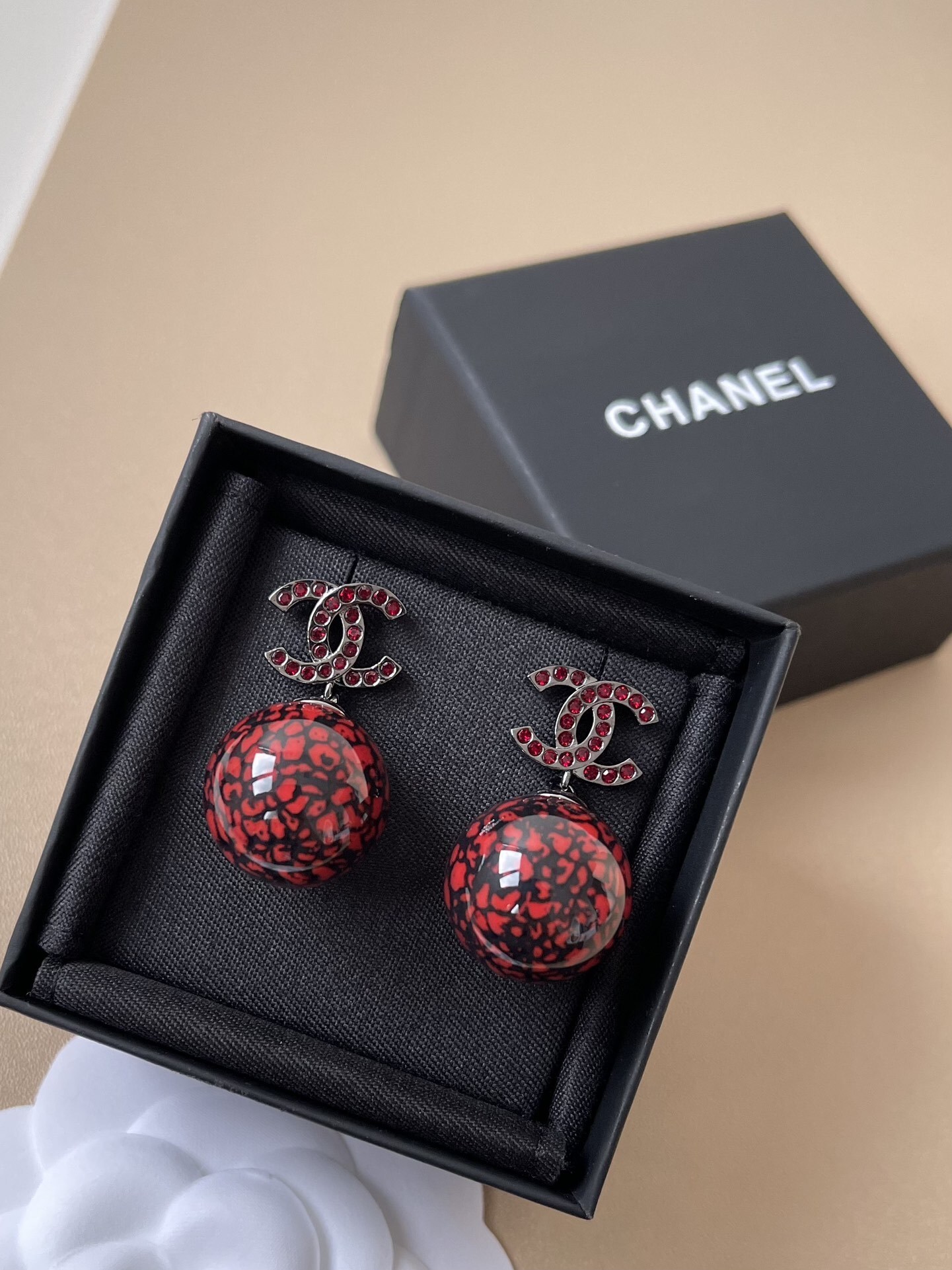 Chanel CC Logo Red Rhinestone Marbled Ball Drop Earrings 2024/25