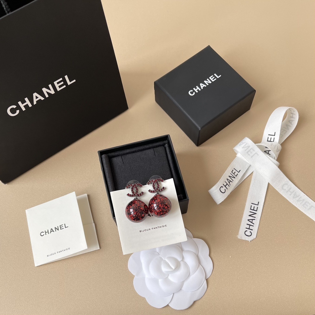 Chanel CC Logo Red Rhinestone Marbled Ball Drop Earrings 2024/25