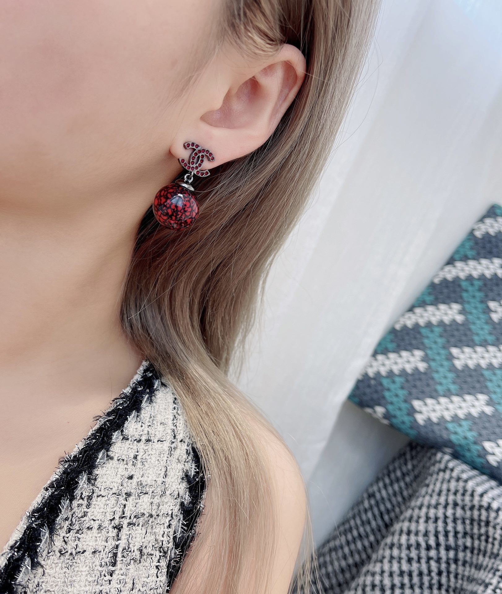 Chanel CC Logo Red Rhinestone Marbled Ball Drop Earrings 2024/25