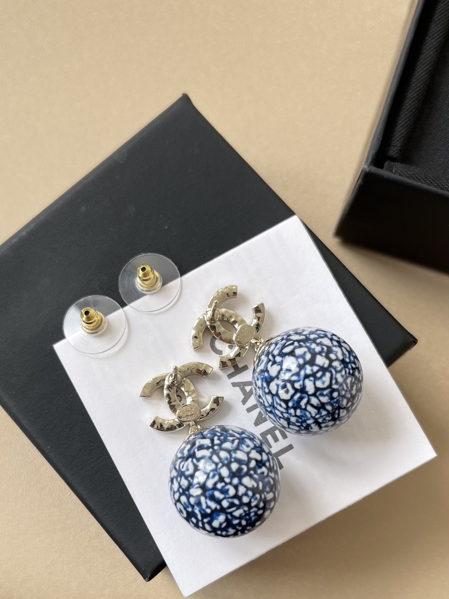 Chanel 2024/25 Blue Marble Pearl & Rhinestone CC Drop Earrings