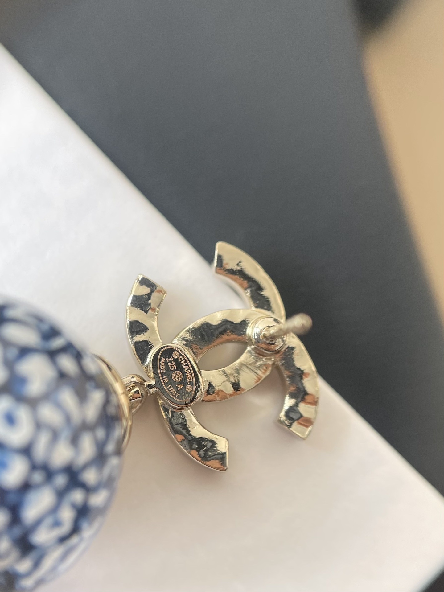 Chanel 2024/25 Blue Marble Pearl & Rhinestone CC Drop Earrings