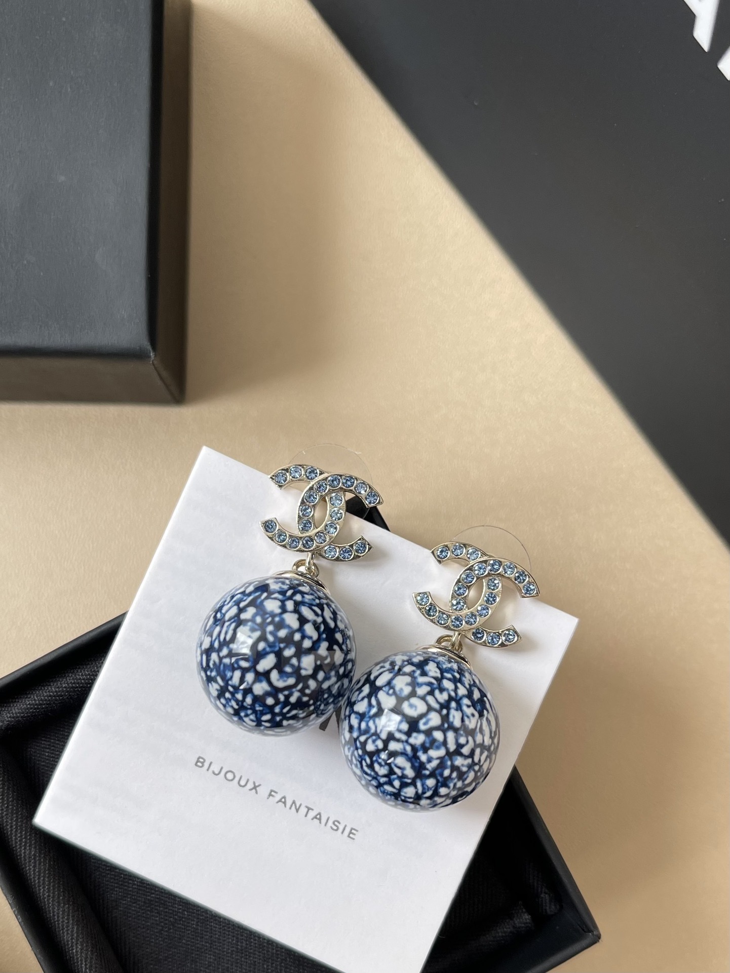 Chanel 2024/25 Blue Marble Pearl & Rhinestone CC Drop Earrings