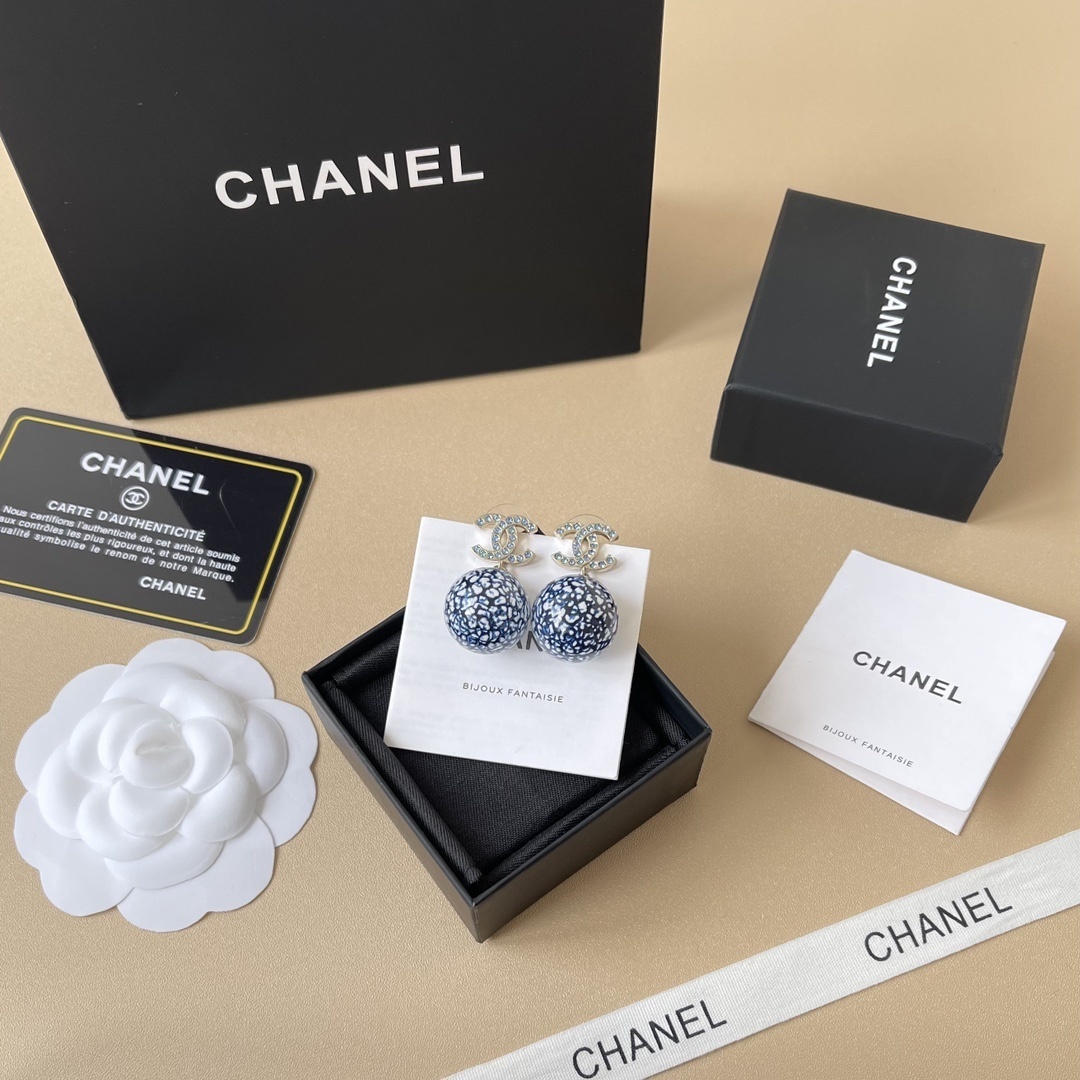 Chanel 2024/25 Blue Marble Pearl & Rhinestone CC Drop Earrings