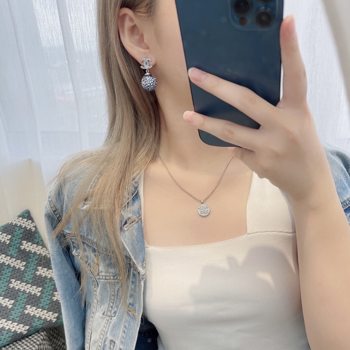 Chanel 2024/25 Blue Marble Pearl & Rhinestone CC Drop Earrings