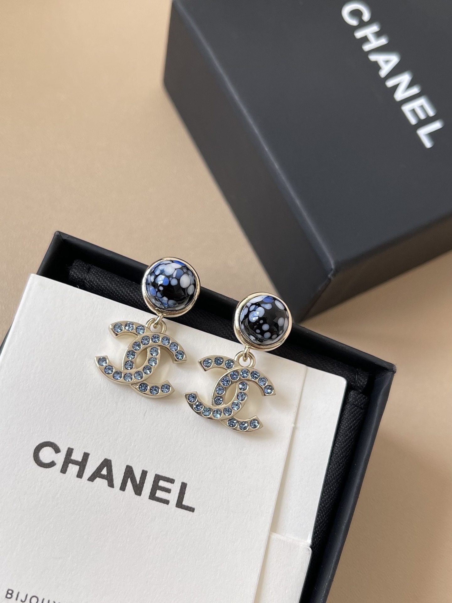 Luxury CC Logo Blue Crystal Dangle Earrings - Gold-Tone Finish