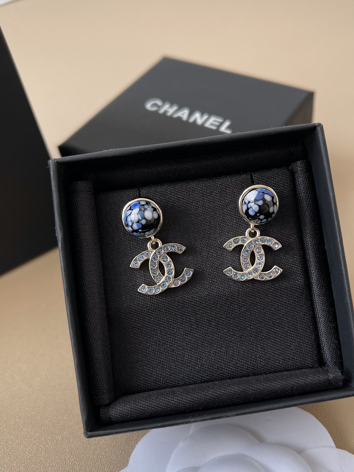 Luxury CC Logo Blue Crystal Dangle Earrings - Gold-Tone Finish