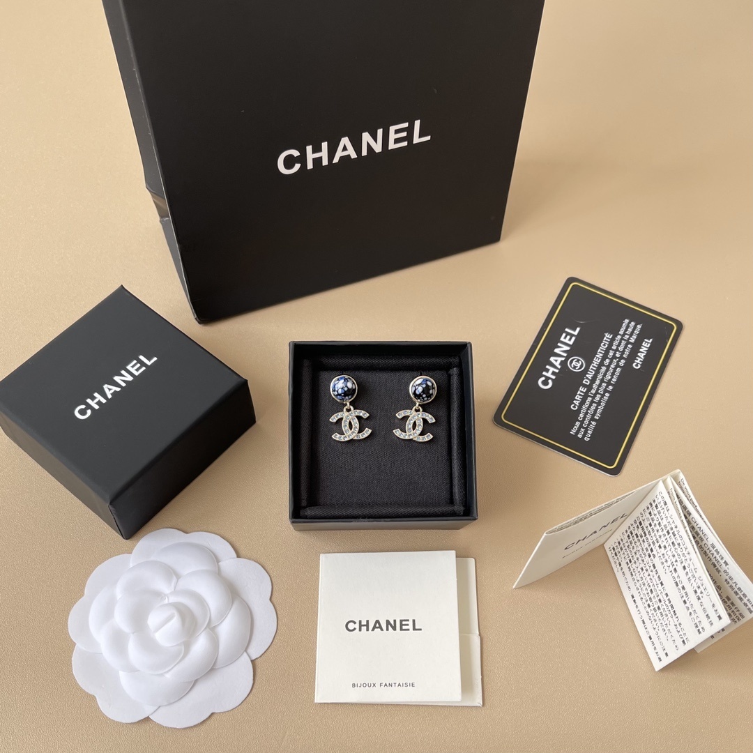 Luxury CC Logo Blue Crystal Dangle Earrings - Gold-Tone Finish