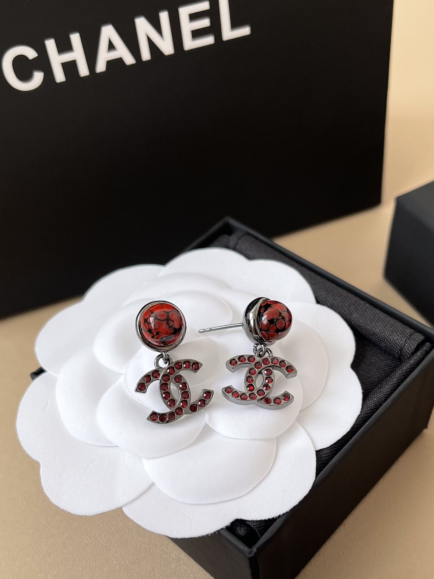 Elegant Chanel CC Red Crystal Drop Earrings - Luxury Boutique Set