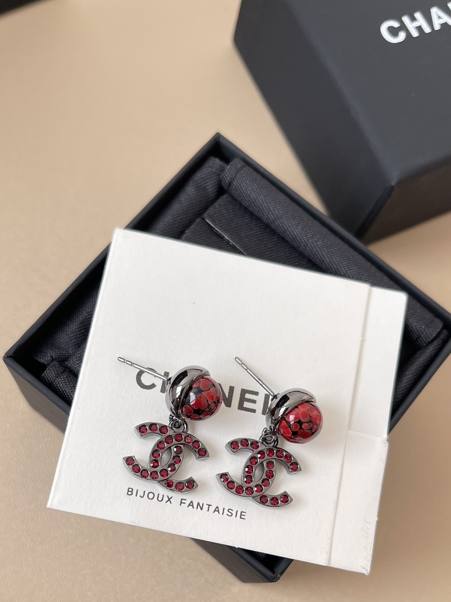 Elegant Chanel CC Red Crystal Drop Earrings - Luxury Boutique Set